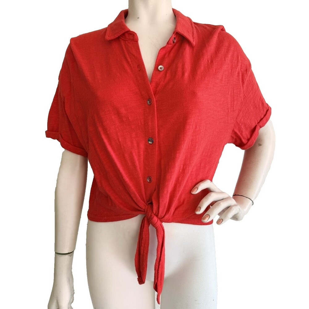 SPLENDID Top Size Medium 100% Cotton Red Tie Front Short Sleeve Blouse